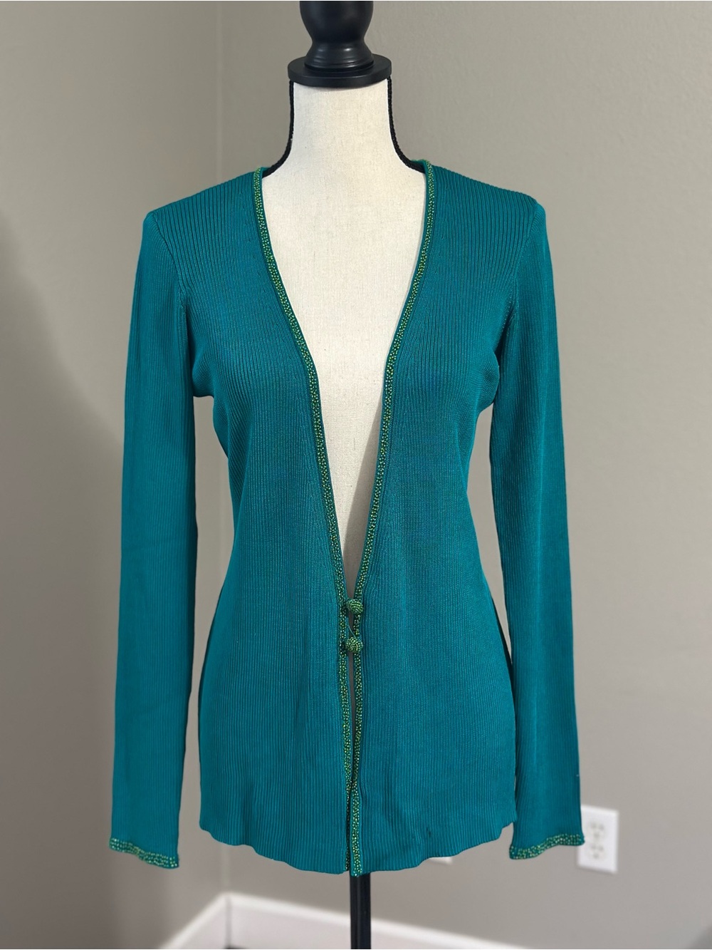 Vintage Dana Buchman Beaded Teal 100% Pure Silk Cardigan with Green Trim